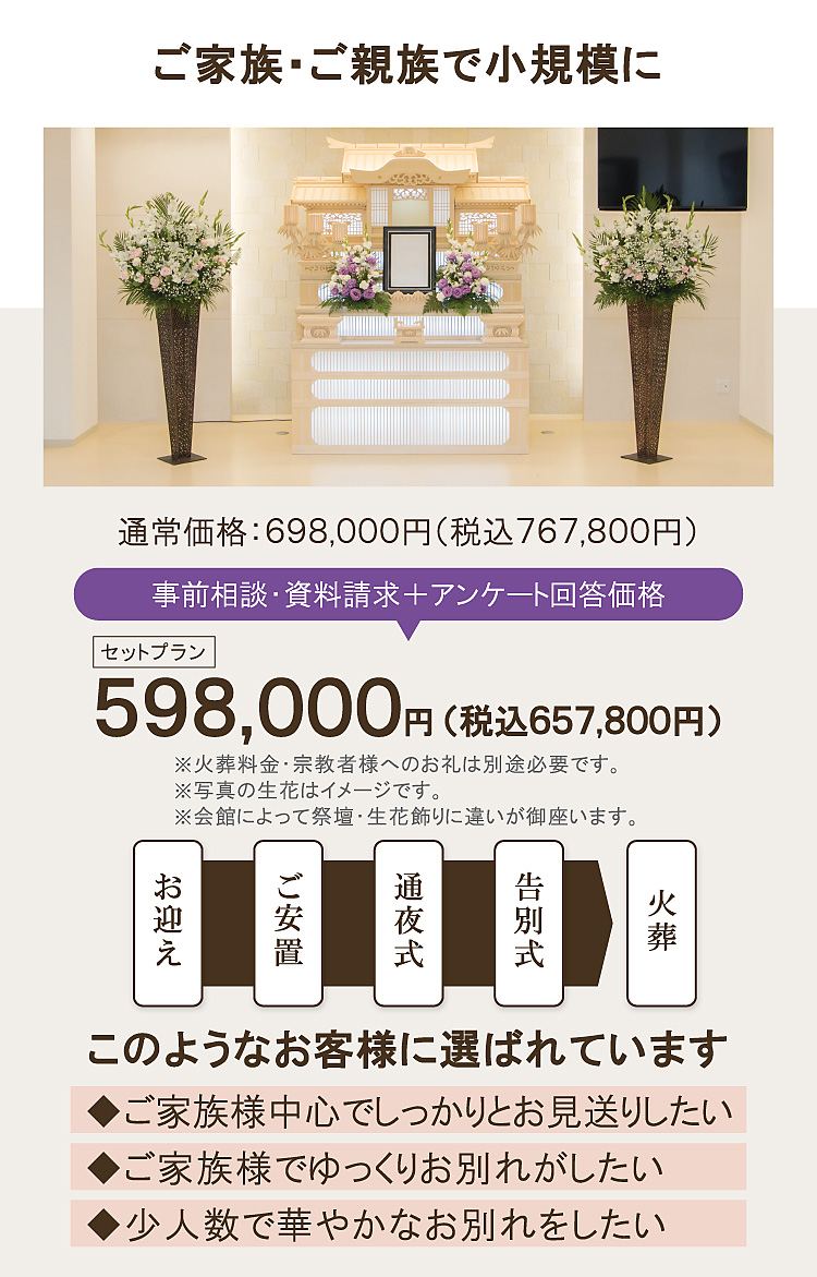 家族葬式場プラン598,000円。ご家族様中心で葬儀を行い、しっかりとお見送りしたい。ご家族様でゆっくりお別れの葬儀がしたい。少人数で華やかな葬儀をしたい。