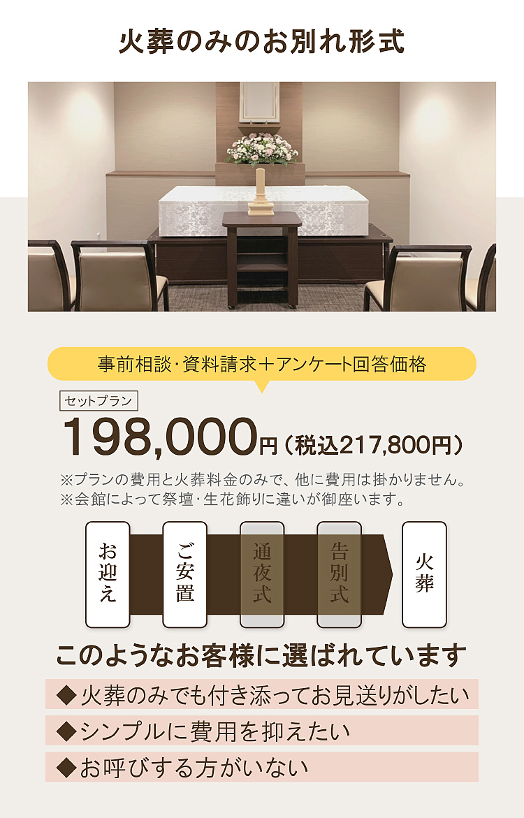 お見送りプラン（直葬）198,000円。火葬のみでも付き添ってお見送りがしたい。葬儀費用を抑えたい。斎場にお呼びする方がいない。